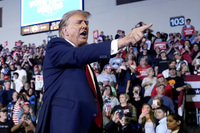 Republican presidential candidate Donald Trump, the former president, gestures to the crowd after speaking at a rally at Coastal Carolina University in Conway, S.C., on Feb. 10.