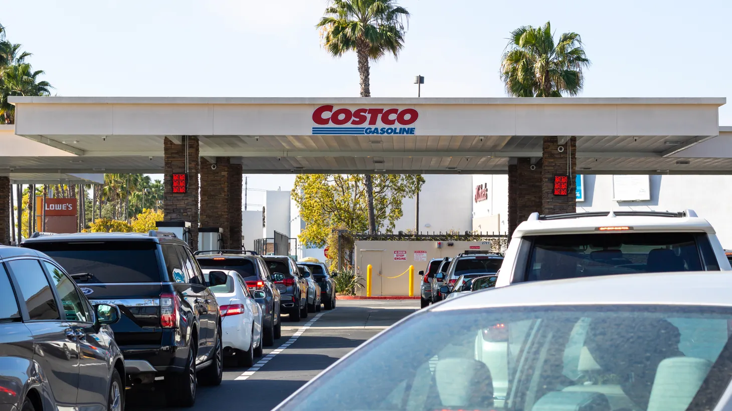 At this Costco in Irvine, California, the lure of low gas prices and good deals on foodstuffs lures countless shoppers.